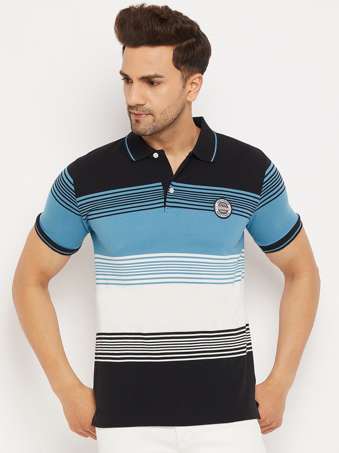 

FirstKrush Men Teal Striped Polo Collar T-shirt