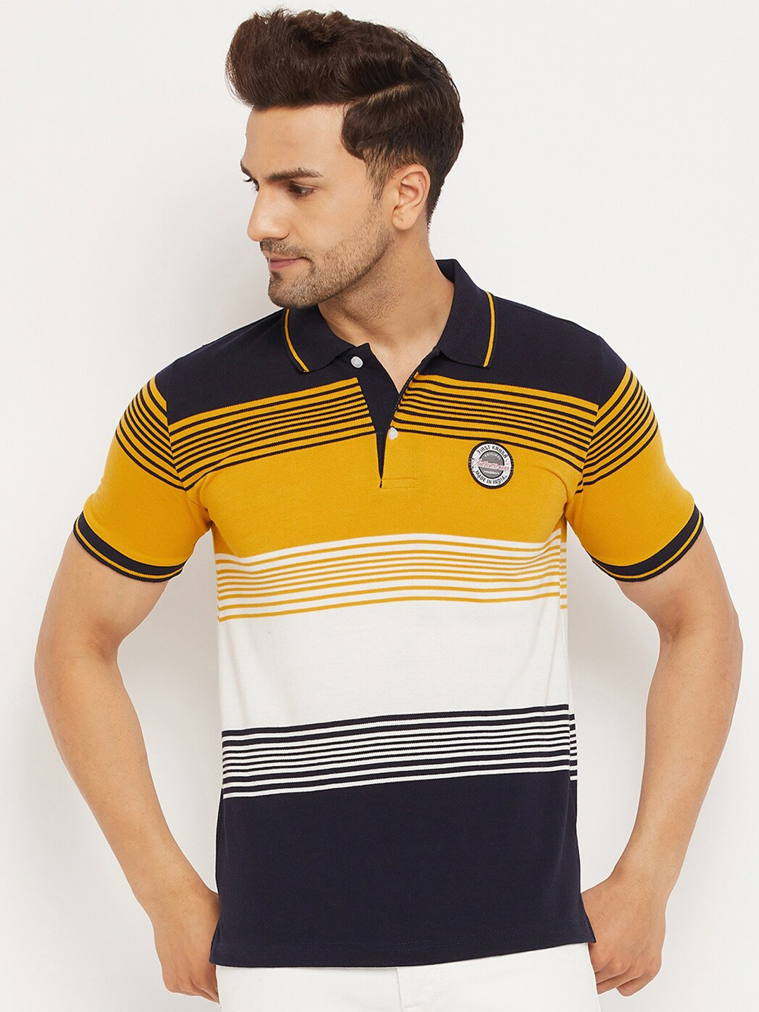 

FirstKrush Men Mustard Yellow Striped Polo Collar T-shirt