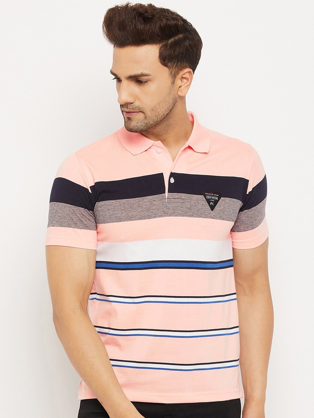 

FirstKrush Men Peach-Coloured & Black Striped Polo Collar T-shirt