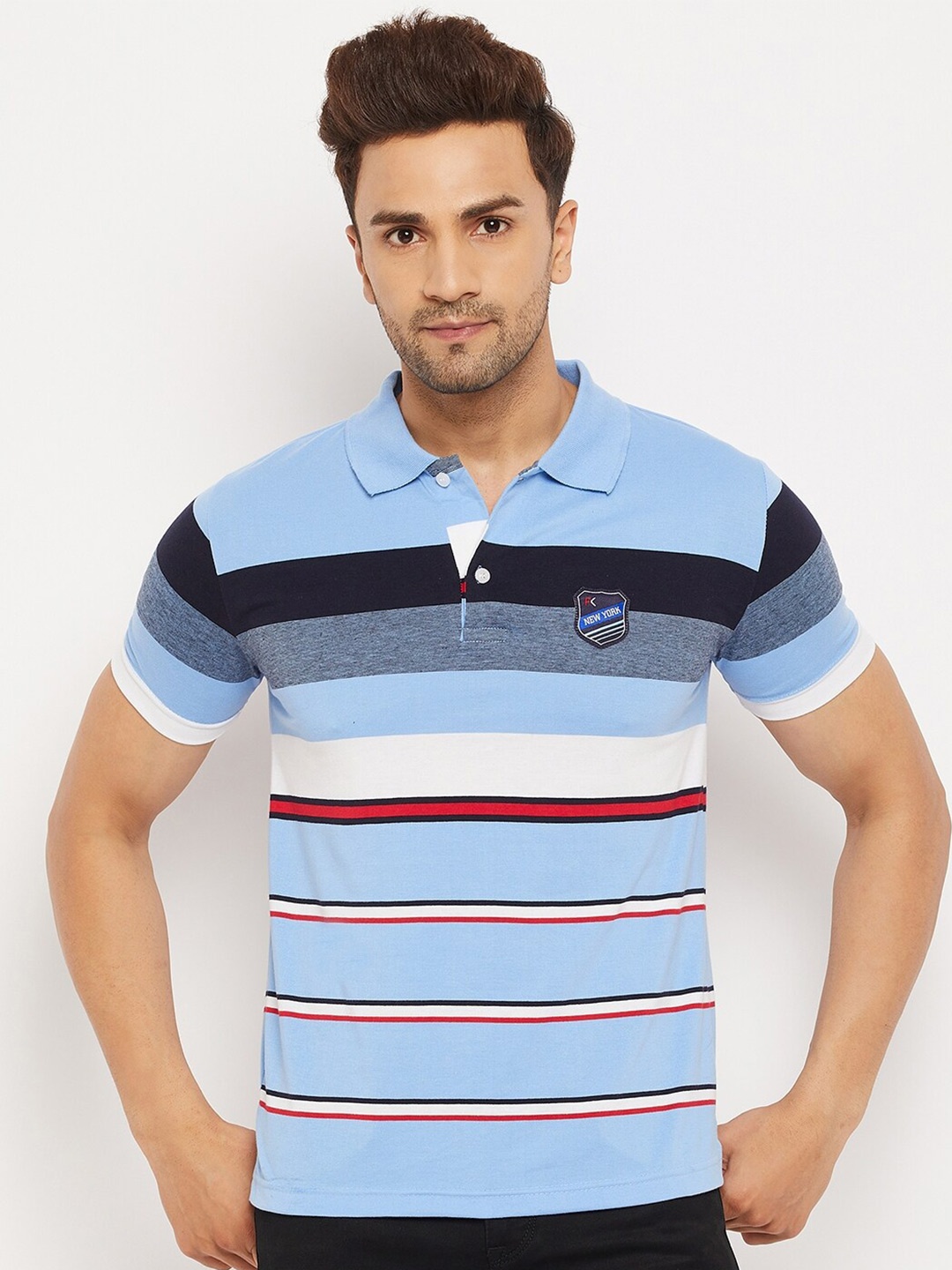 

FirstKrush Men Blue & Black Striped Polo Collar T-shirt