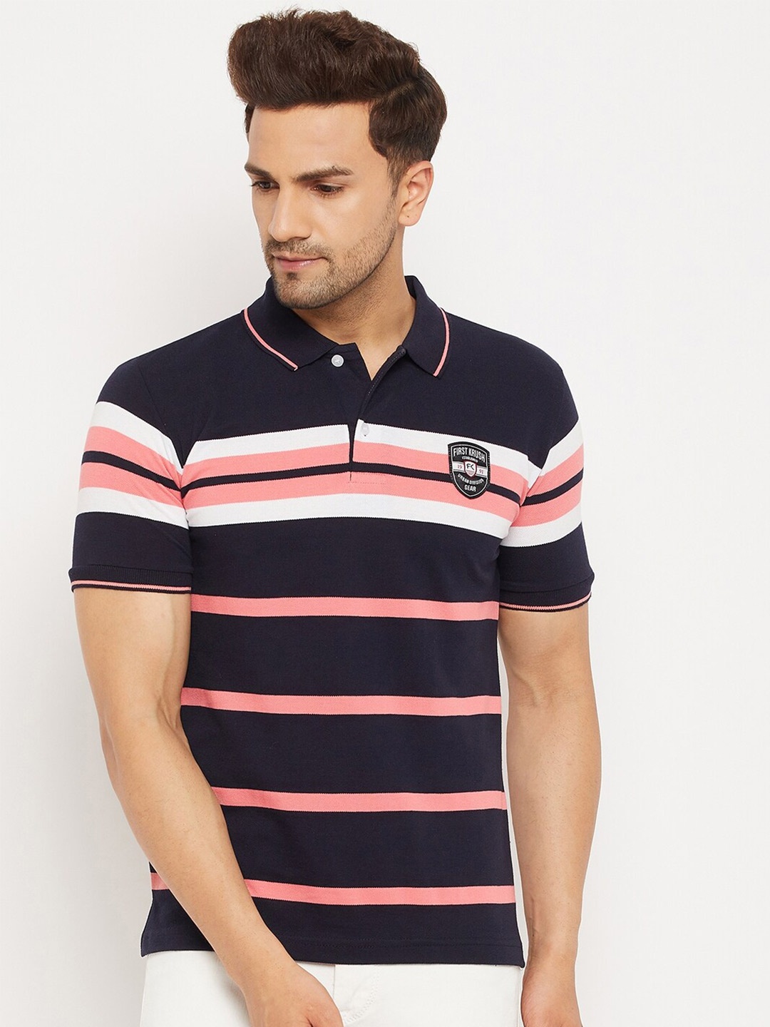 

FirstKrush Men Navy Blue Striped Polo Collar T-shirt