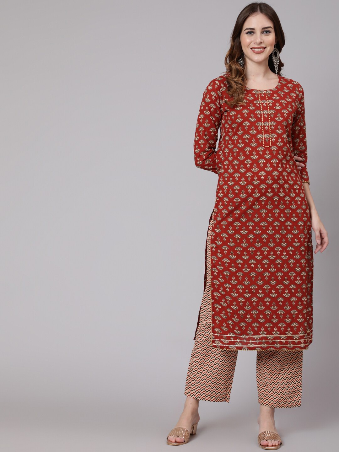 

GLAM ROOTS Women Red Ethnic Motifs Printed Panelled Pure Cotton Kurta with Trousers