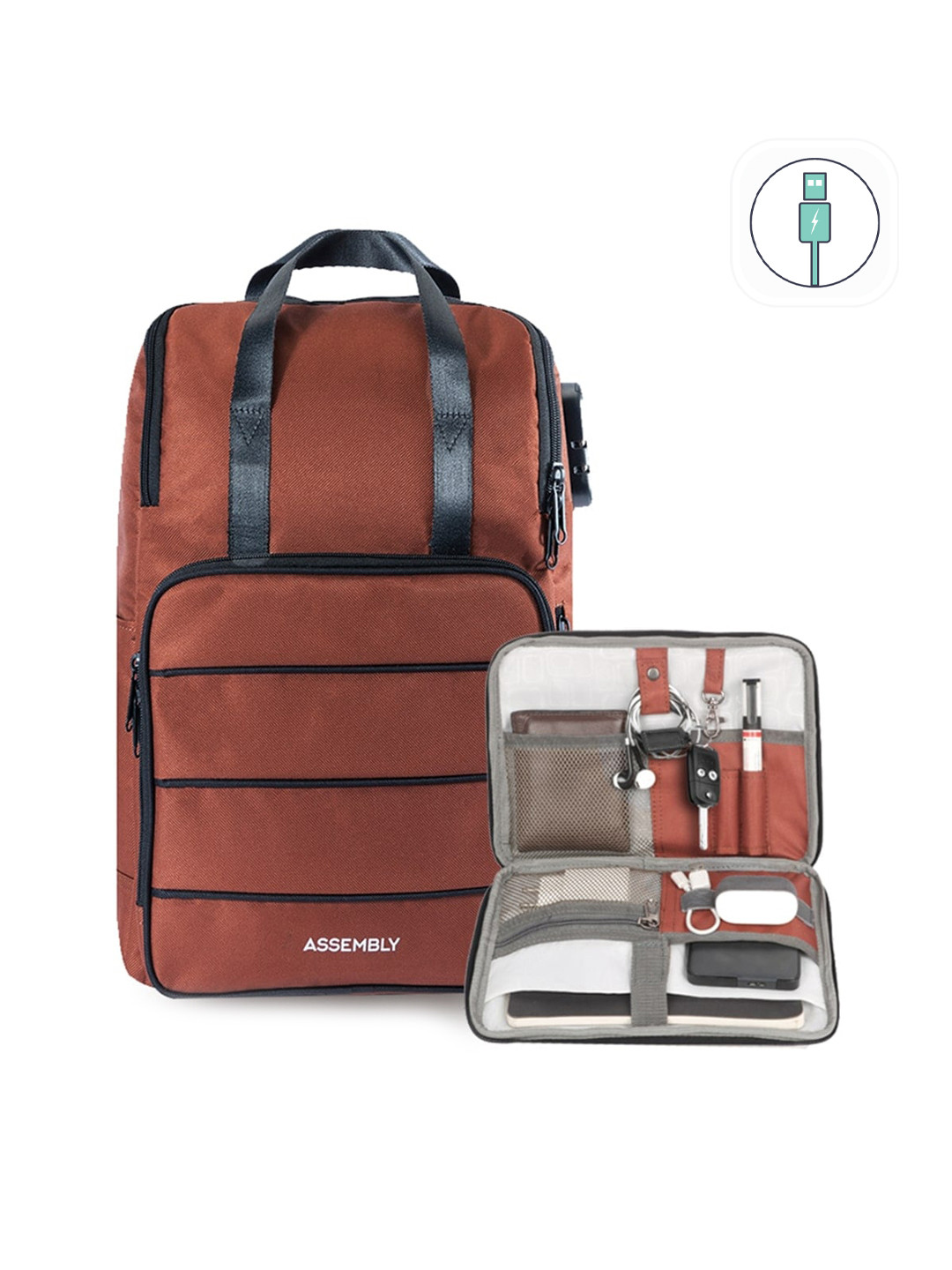 

Assembly Unisex Rust & Black Backpack with USB Charging Port