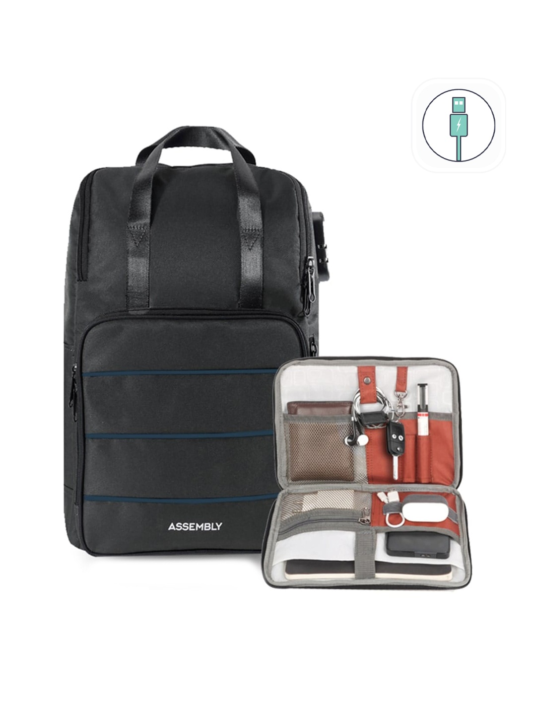 

Assembly Unisex Black 15 inches Laptop Backpack With USB Charging Port