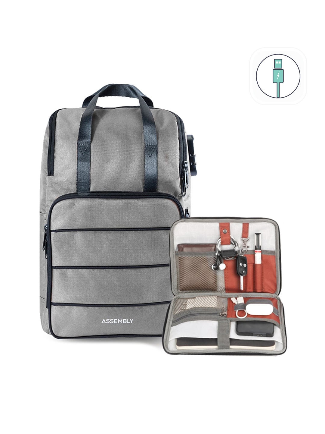 

Assembly Unisex Grey Striped Backpack with USB Charging Port
