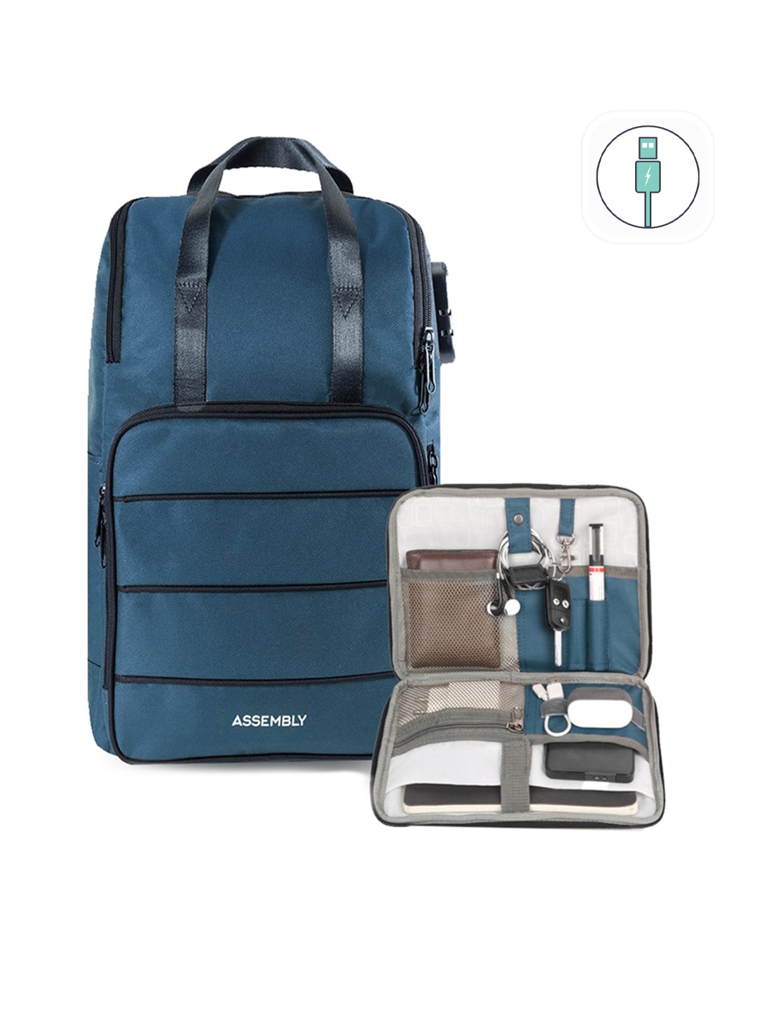 

Assembly Unisex Blue & Black Striped Backpack with USB Charging Port