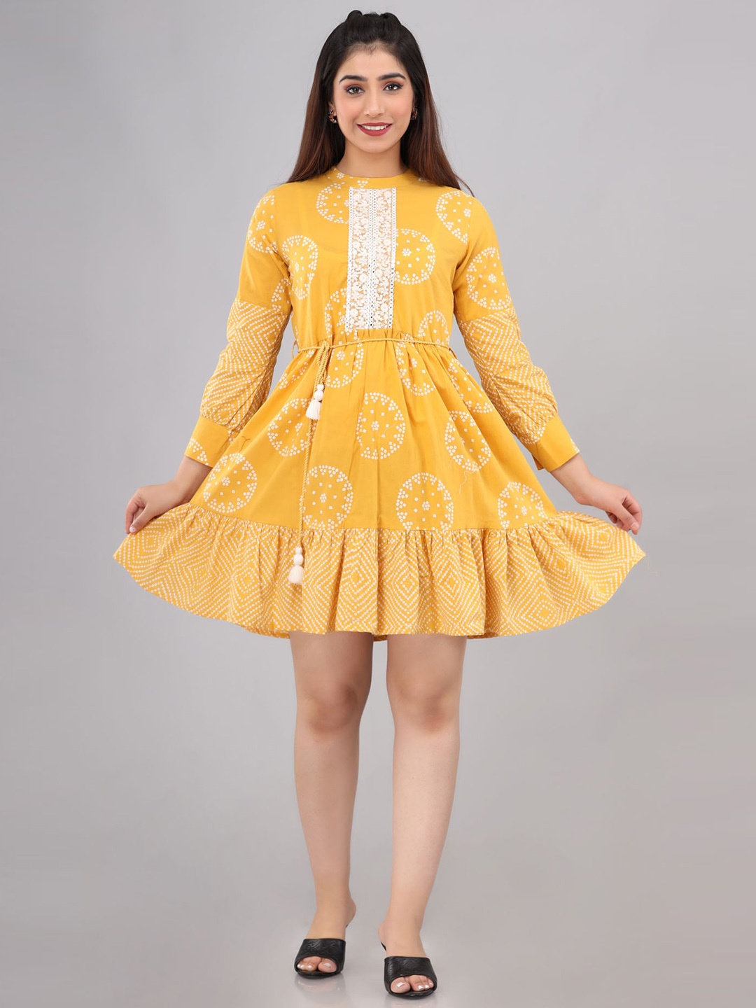 

FASHION DWAR Round Neck Fit & Flare Cotton Dress, Yellow