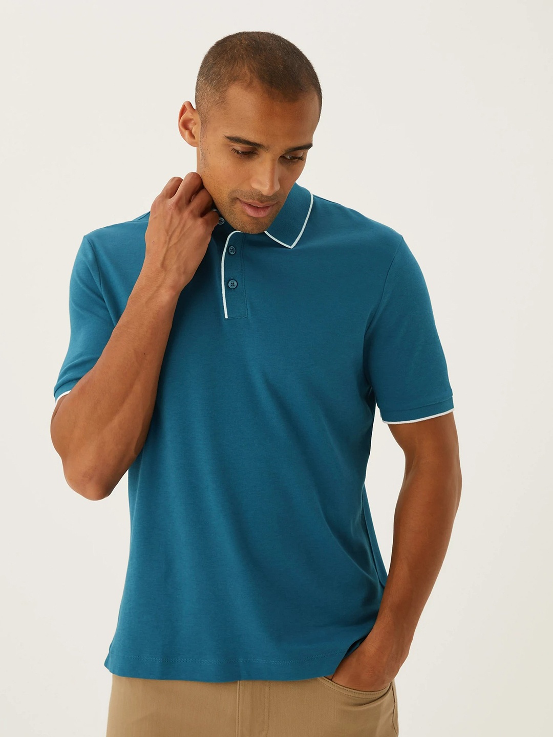 

Marks & Spencer Men Turquoise Blue Solid Polo Collar T-shirt