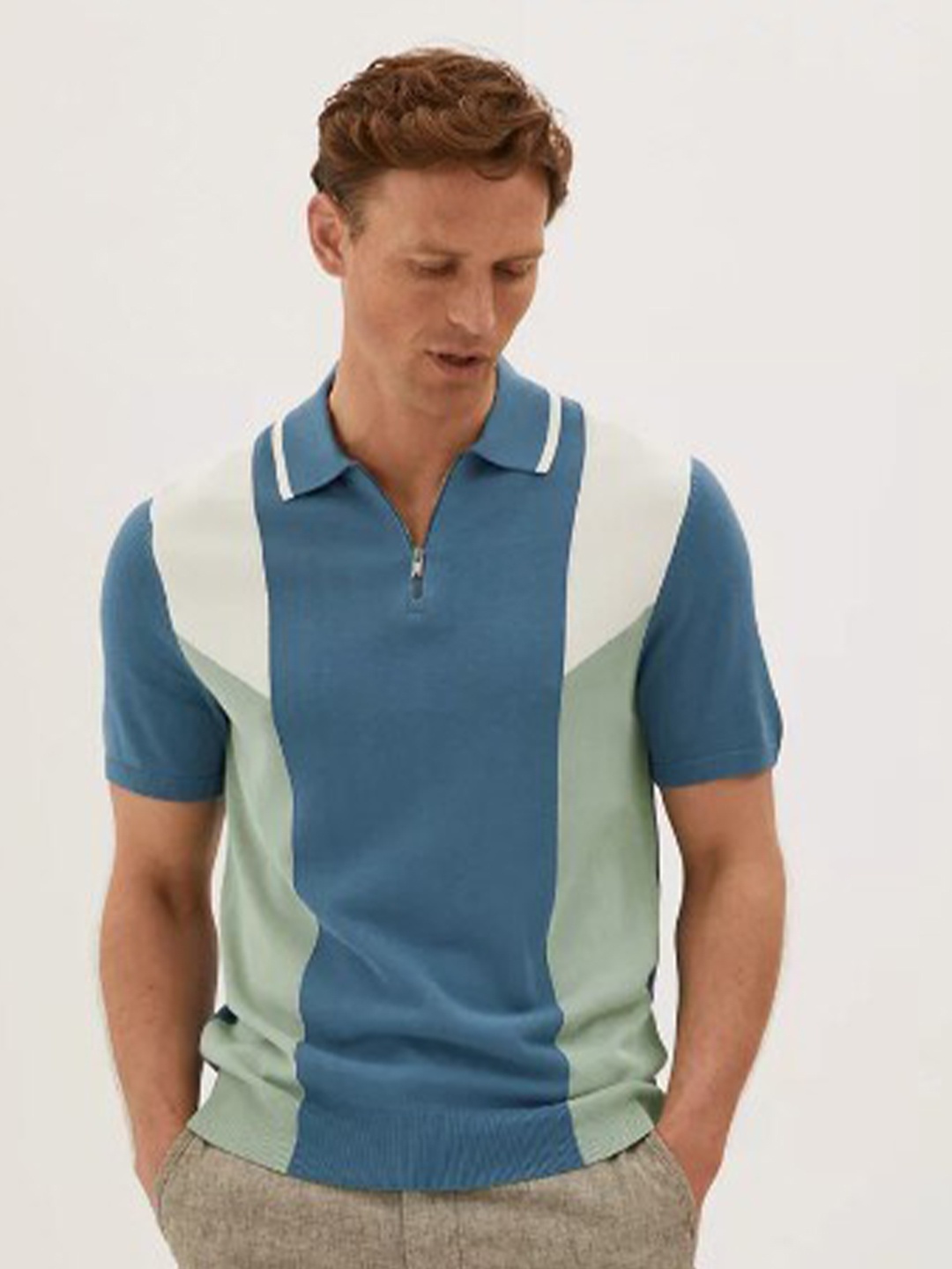

Marks & Spencer Men Blue & Green Colourblocked Polo Collar T-shirt