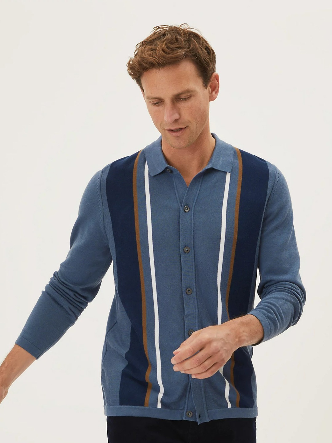

Marks & Spencer Men Blue Striped Polo Collar T-shirt