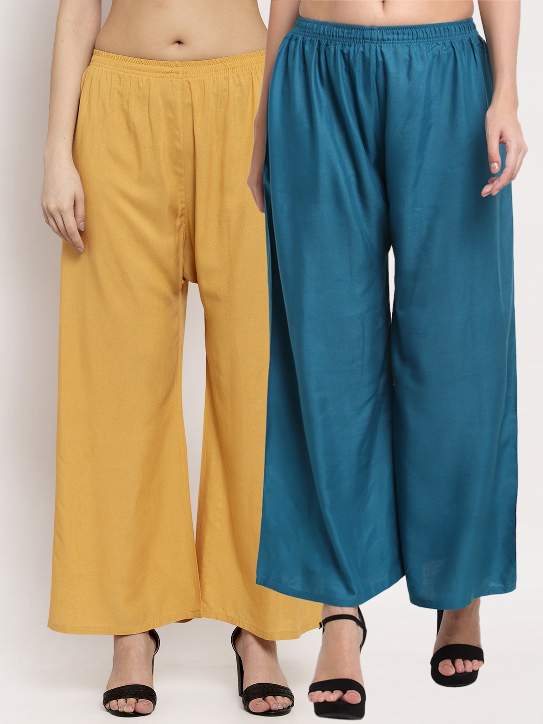 

Miaz Lifestyle Women Blue & Mustard Yellow 3 Flared Knitted Palazzos