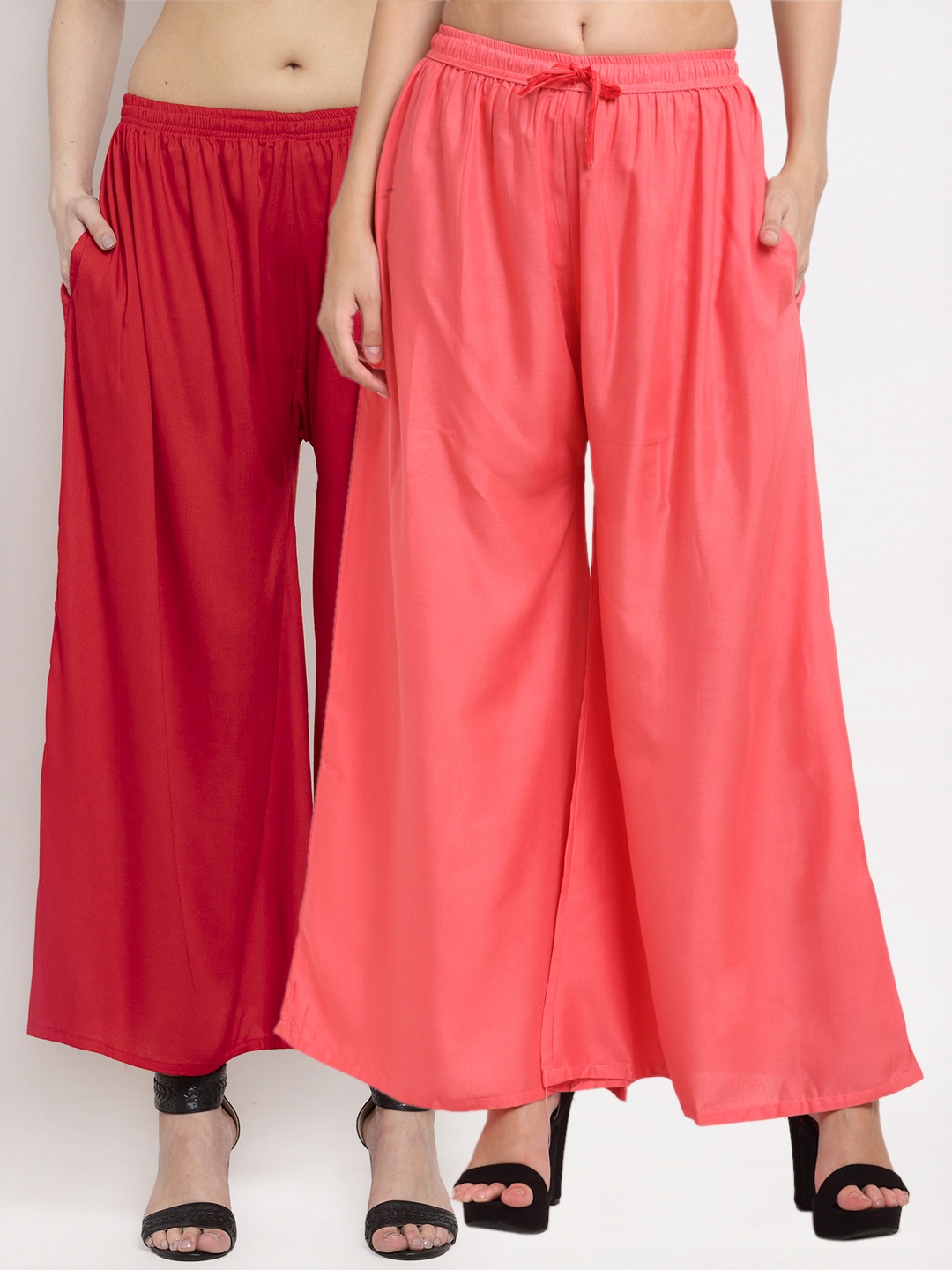 

Miaz Lifestyle Women Pack Of 2 Peach-Coloured & Red Flared Knitted Palazzos