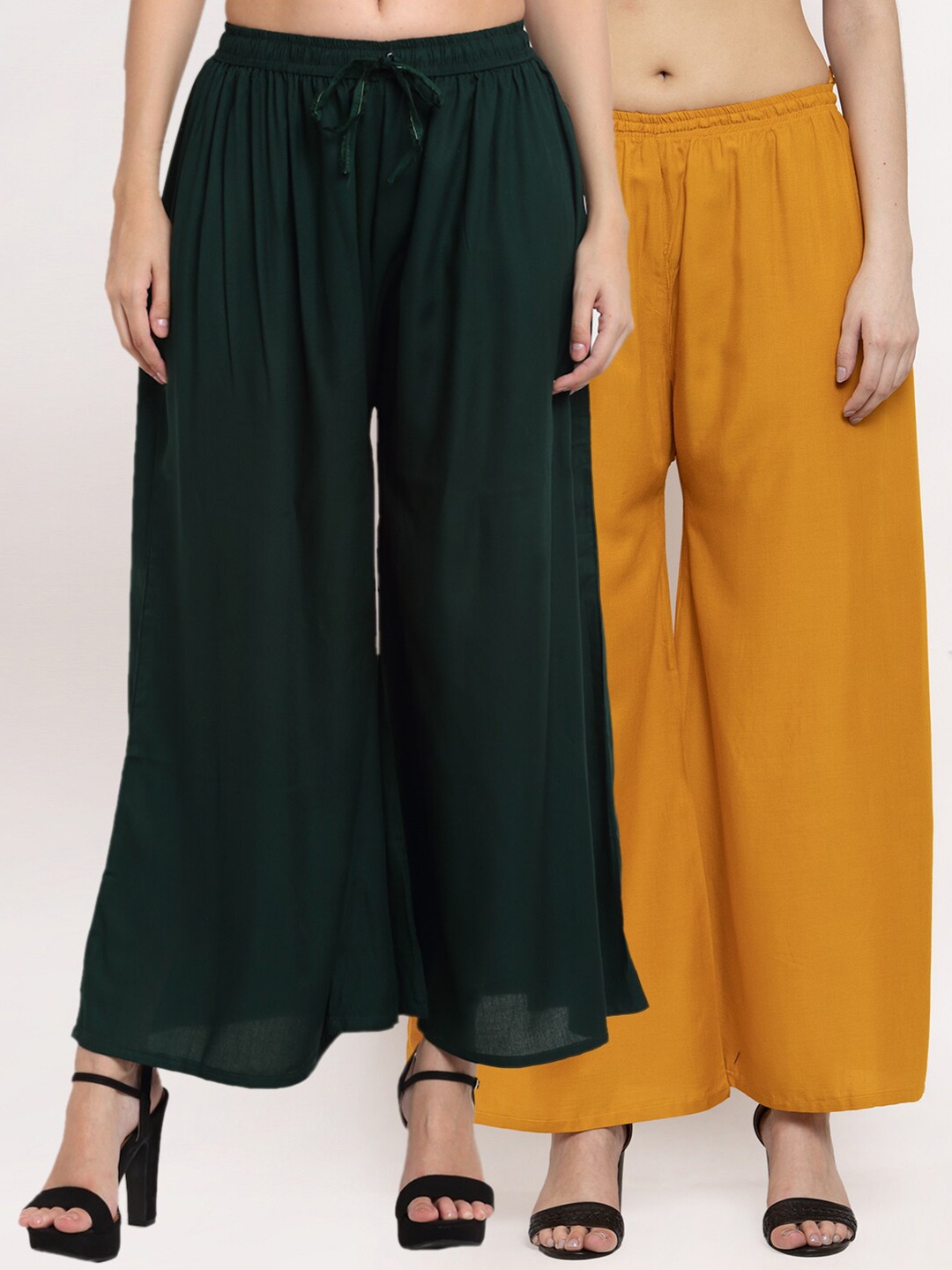 

Miaz Lifestyle Women Green & Mustard Yellow 2 Flared Knitted Palazzos