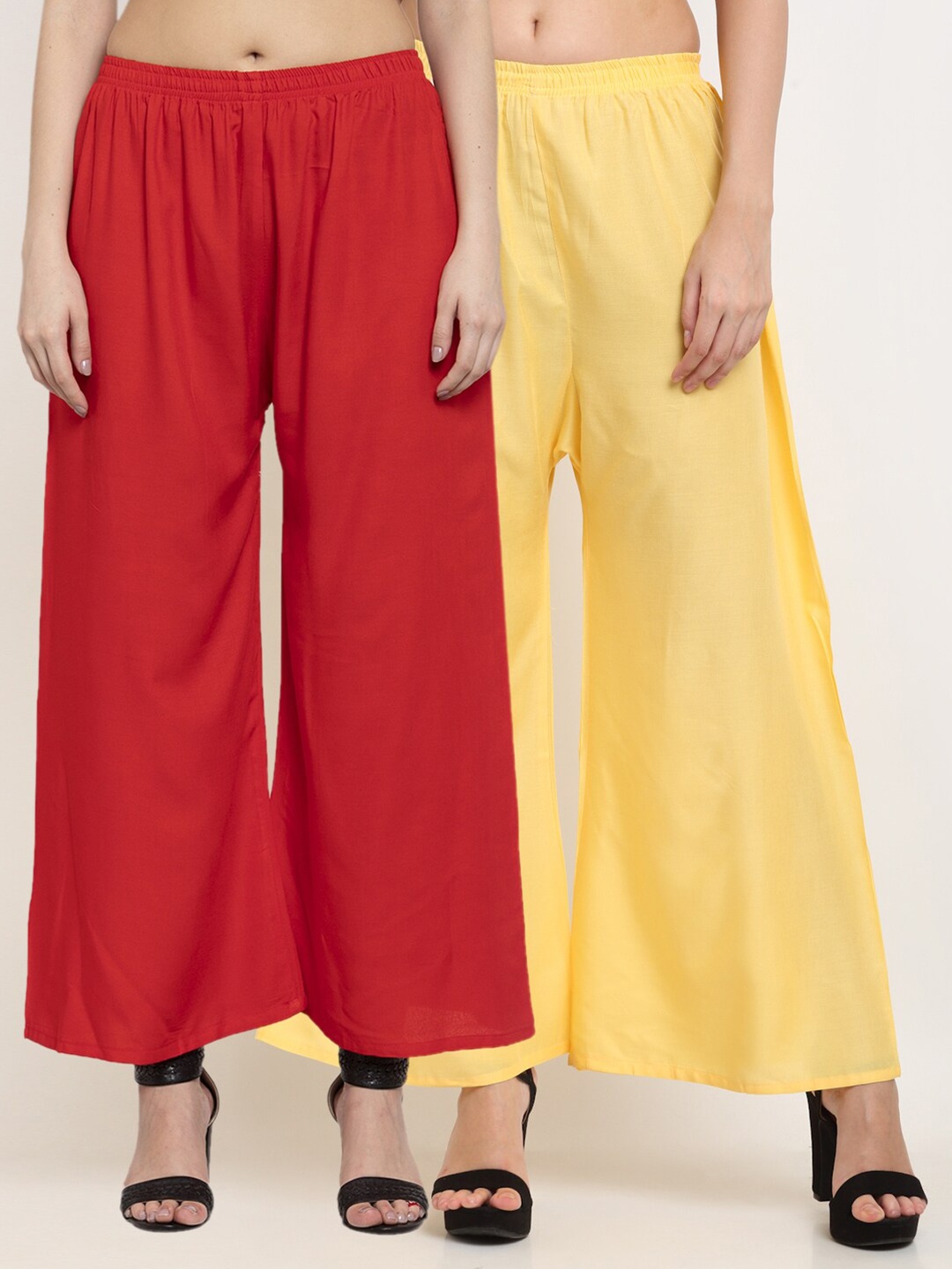 

Miaz Lifestyle Women Pack Of 2 Red & Yellow Flared Knitted Palazzos