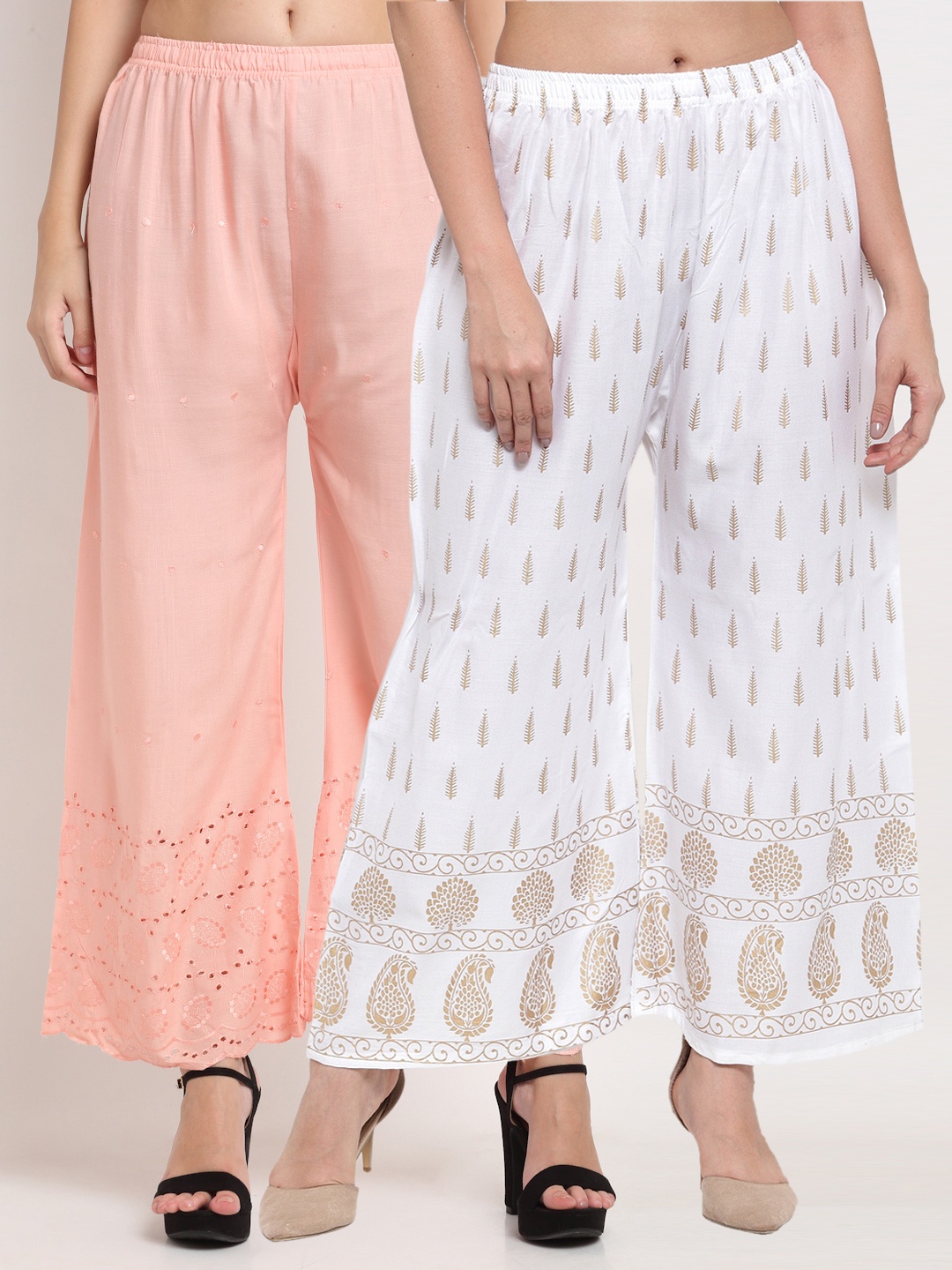 

Miaz Lifestyle Women Peach-Coloured & White 2 Flared Knitted Palazzos