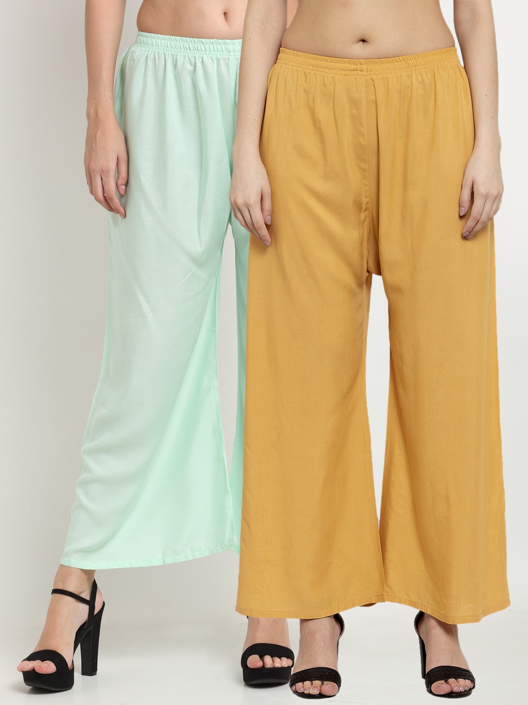 

Miaz Lifestyle Women Pack Of 2 Mustard Yellow & Green Flared Knitted Palazzos