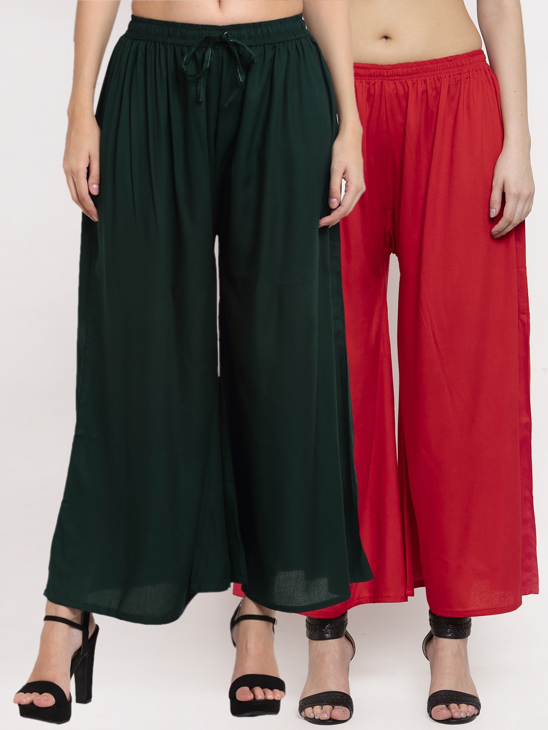 

Miaz Lifestyle Women Pack of 2 Red & Green Knitted Flared Palazzos