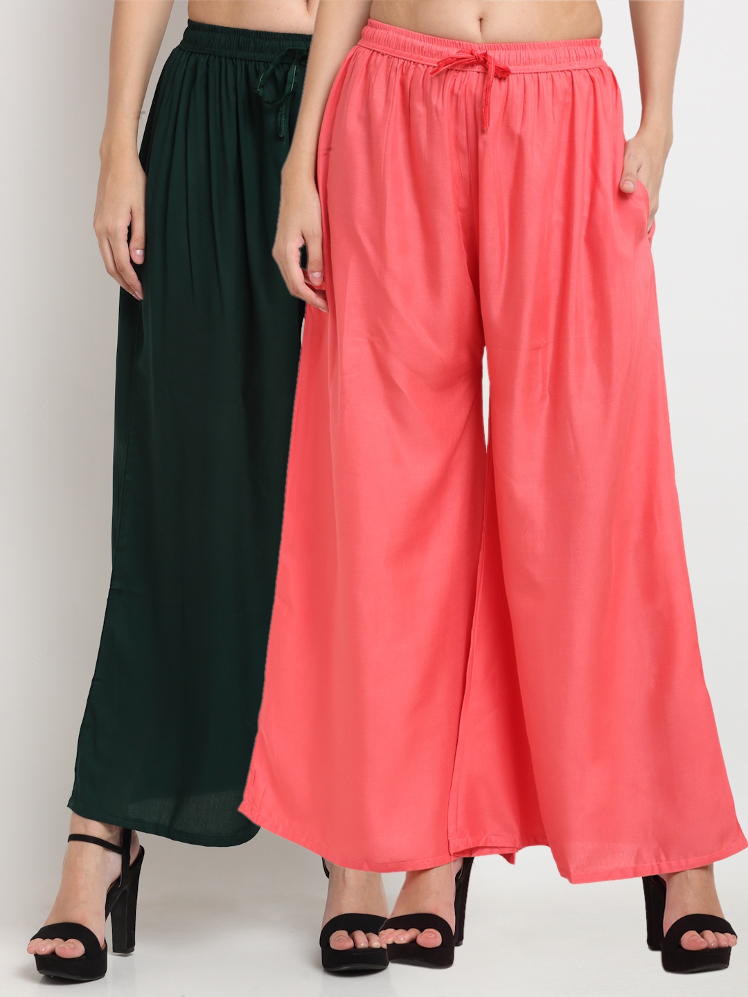 

Miaz Lifestyle Women Peach-Coloured & Green 2 Flared Knitted Palazzos
