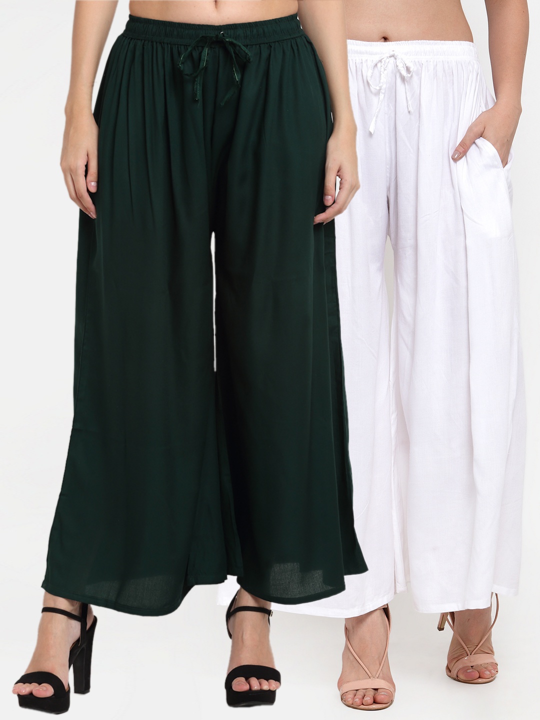 

Miaz Lifestyle Women Green & White Pack Of 2 Flared Knitted Palazzos