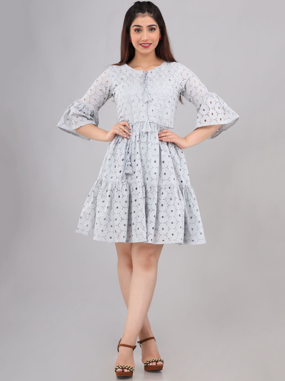 

FASHION DWAR Grey Floral Embroidered Tie-Up Neck Fit & Flare Dress