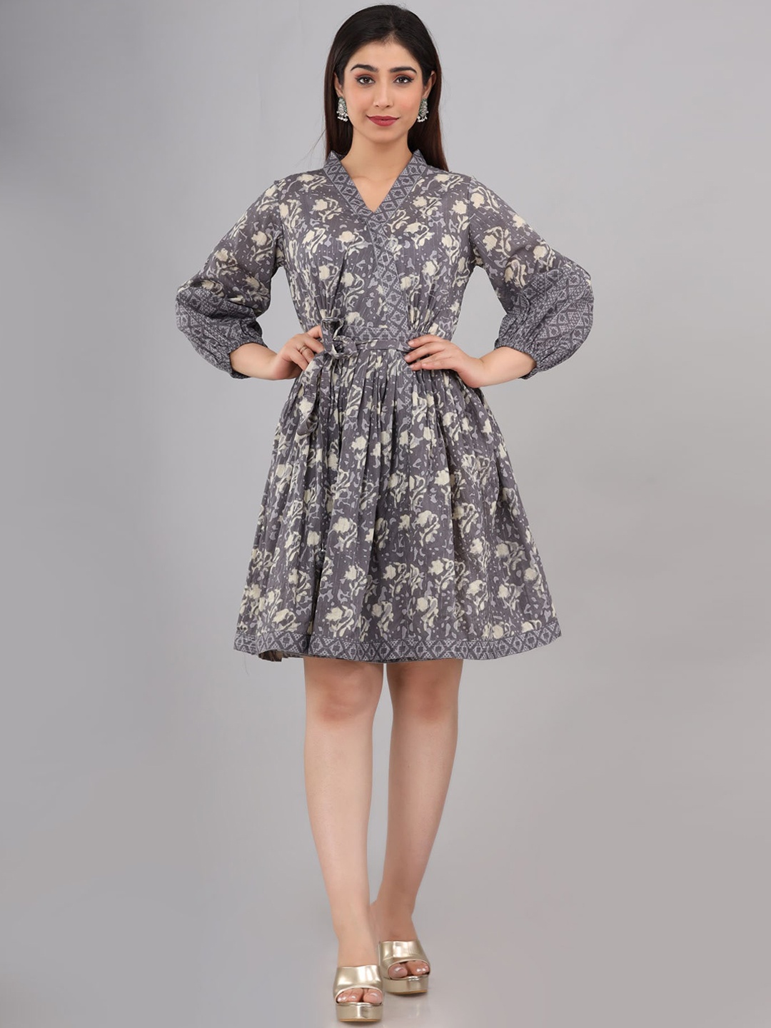 

FASHION DWAR Grey Floral Print Cotton Dress