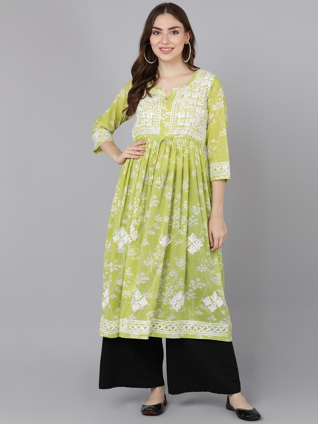 

VAHSON Women Lime Green & White Floral Printed and Chikankari Anarkali Kurta