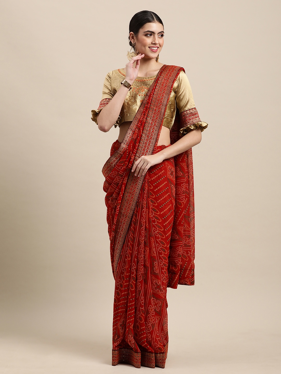 

Mitera Maroon & White Pure Georgette Bandhani Saree