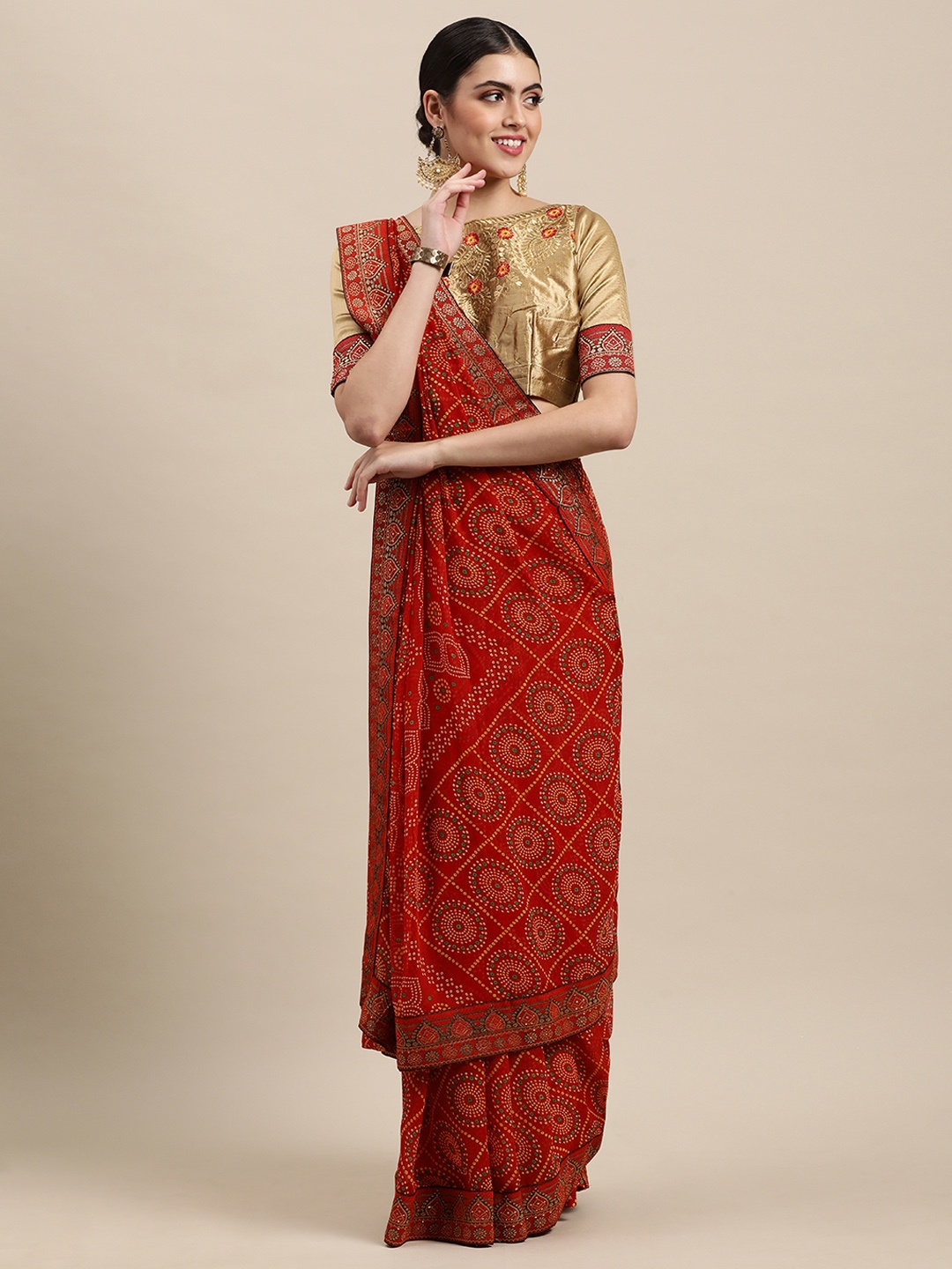 

Mitera Maroon Embroidered Pure Georgette Bandhani Saree