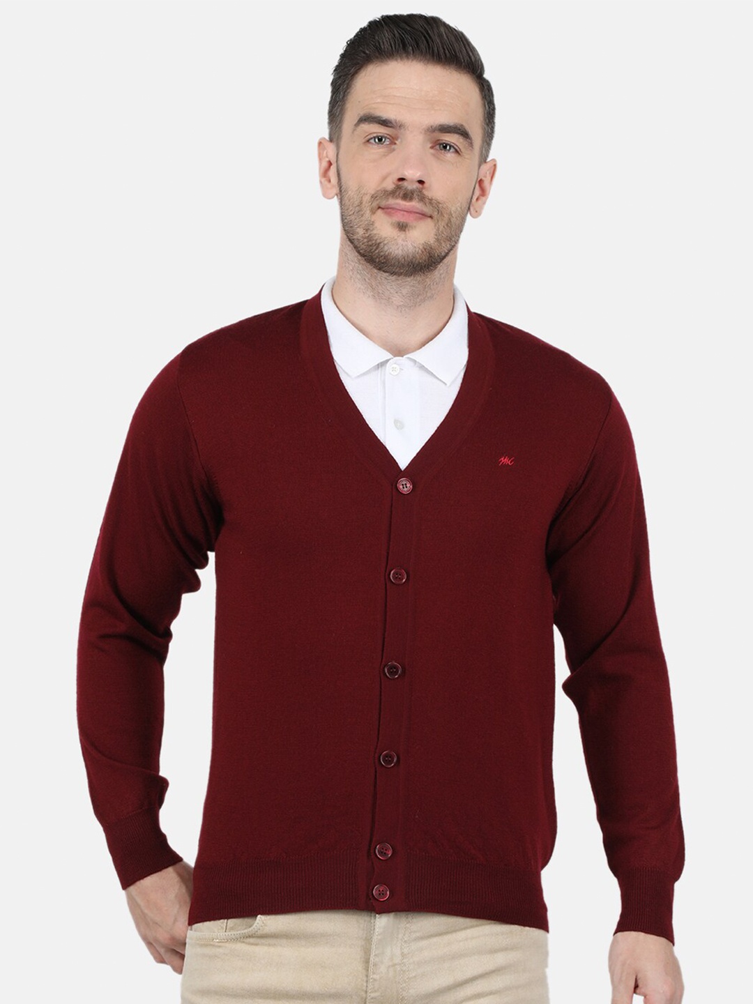 

Monte Carlo Men Maroon Solid Pure Wool Cardigan