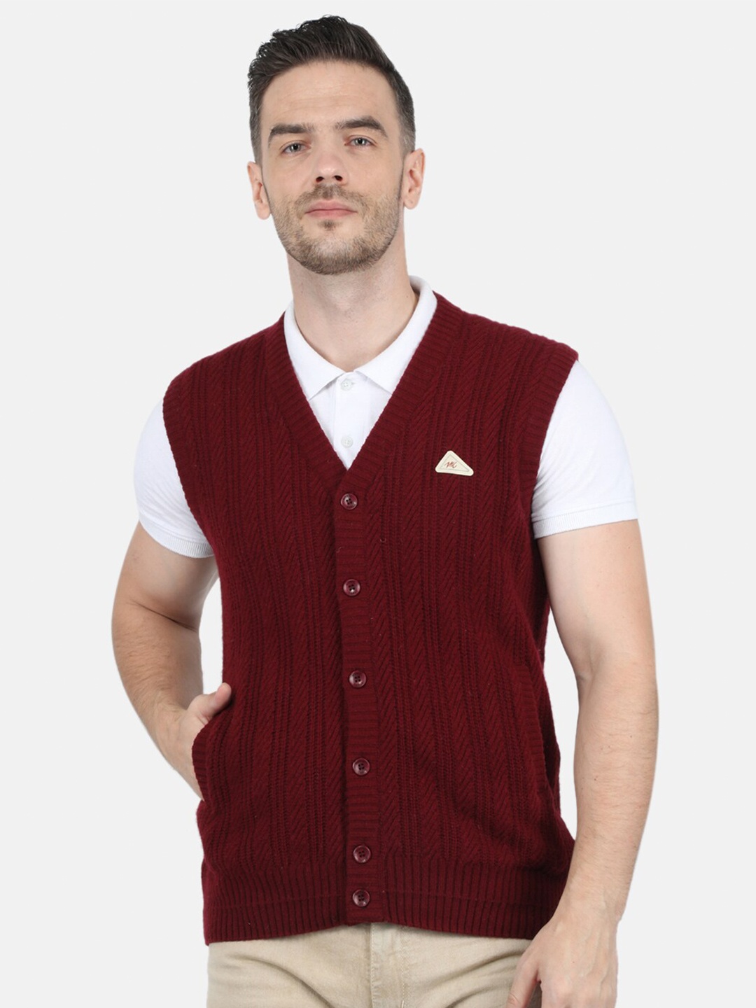 

Monte Carlo Men Maroon Cable Knit V Neck Cardigan