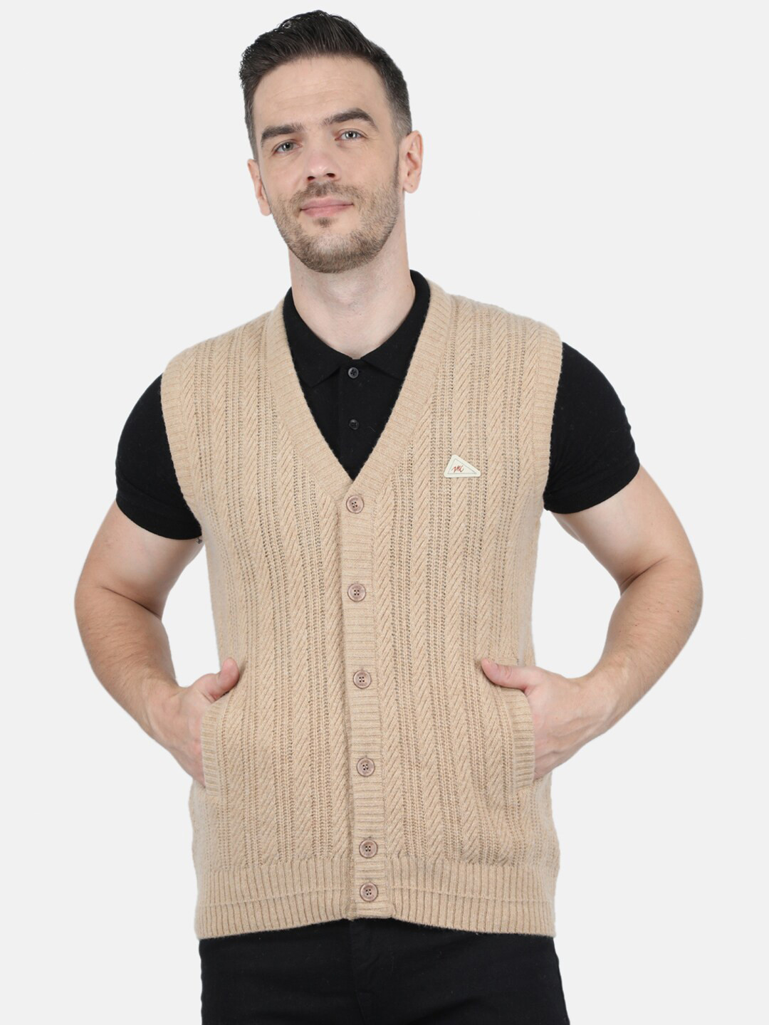 

Monte Carlo Men Beige Self Design Sleeveless Cable Knit Wool Cardigan