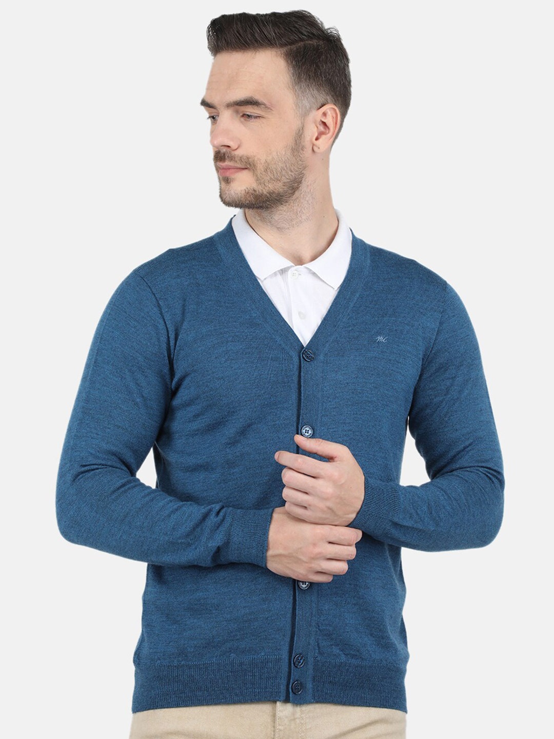 

Monte Carlo Men Blue Solid Pure Wool V Neck Cardigan