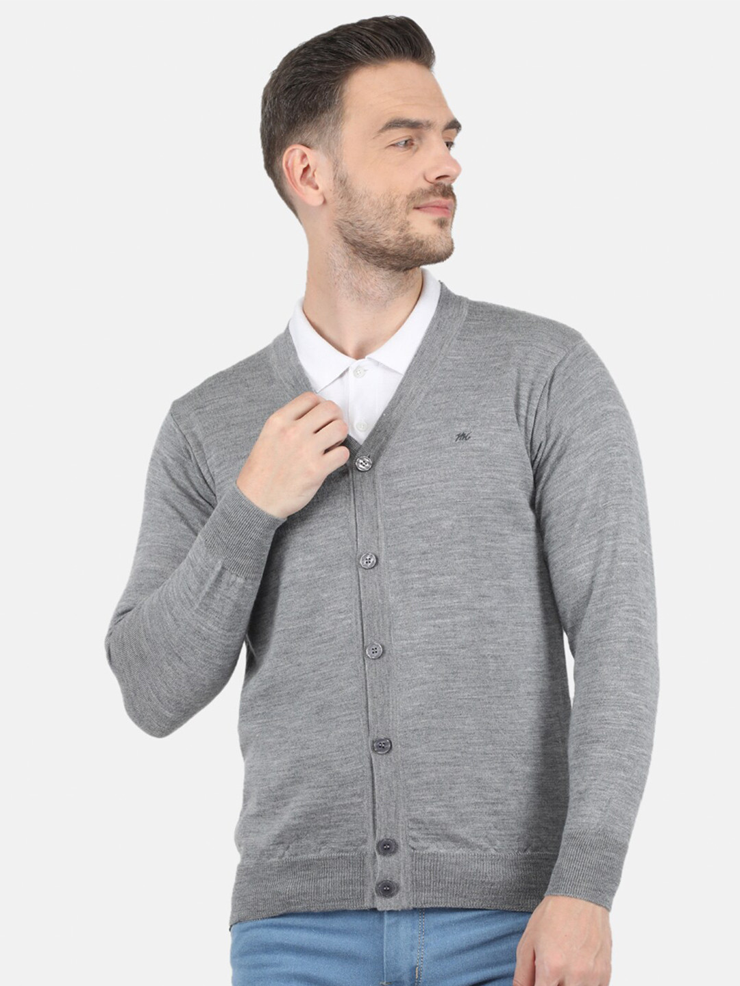 

Monte Carlo Men Grey Solid Pure Wool V Neck Cardigan
