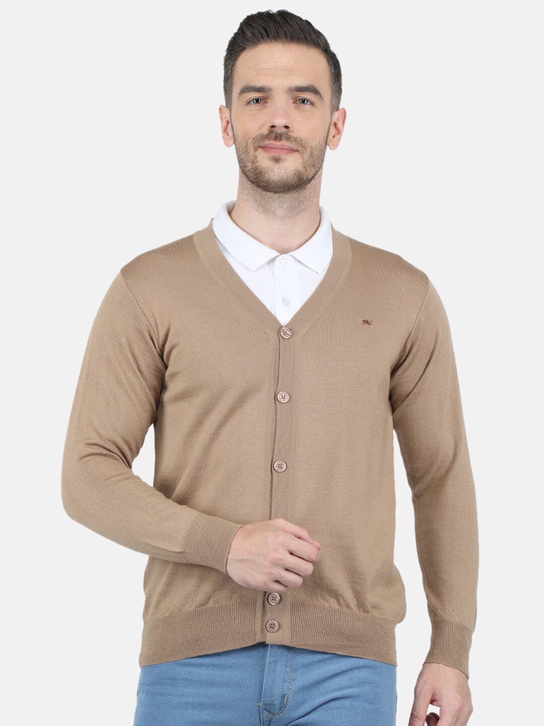 

Monte Carlo Men Beige Solid Pure Wool V Neck Cardigan