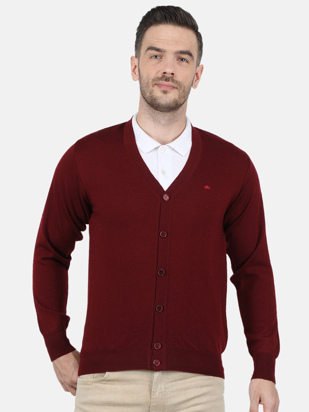 

Monte Carlo Men Maroon Solid Pure Wool V Neck Cardigan