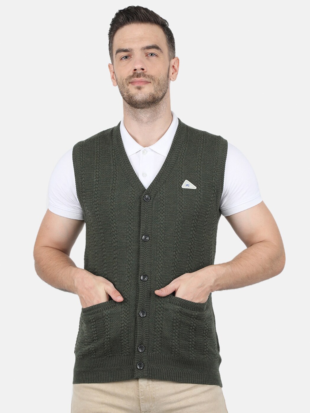 

Monte Carlo Men Olive Green Cable Knit V Neck Cardigan