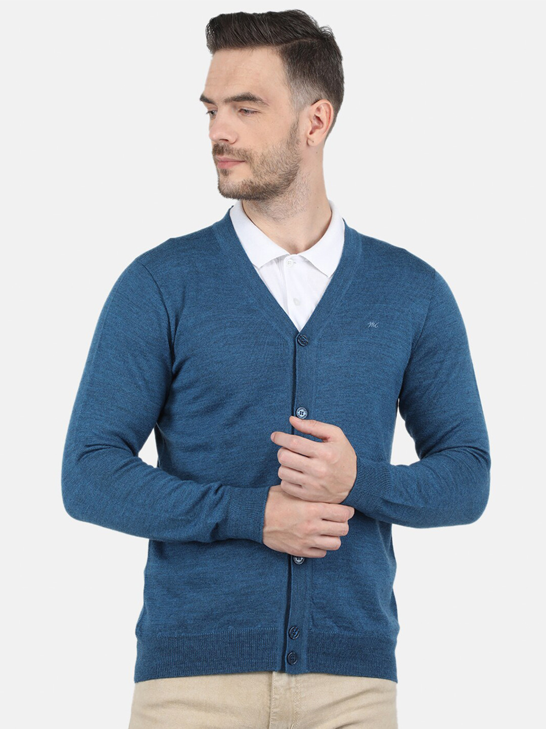 

Monte Carlo Men Blue Solid Pure Wool V Neck Cardigan