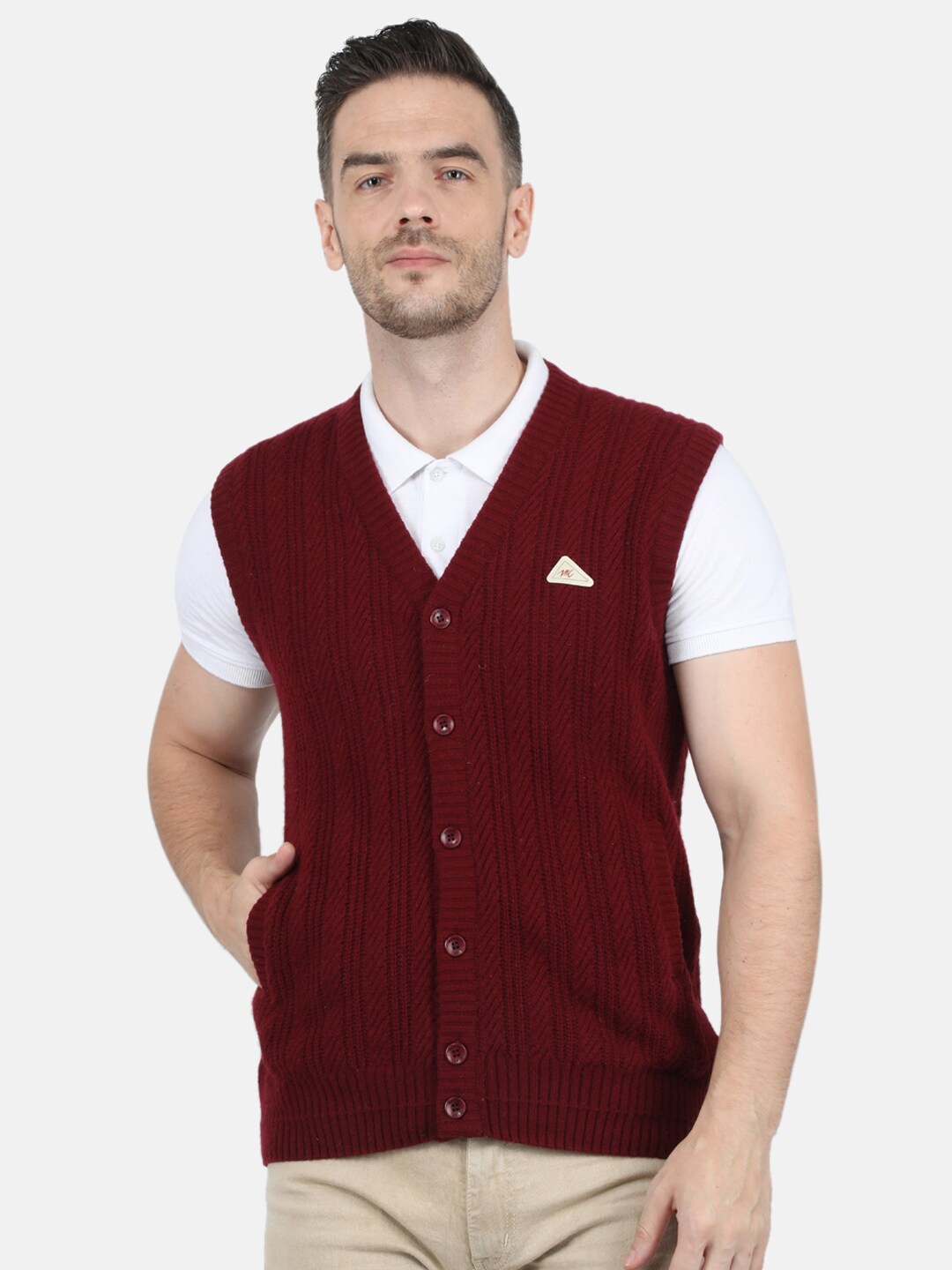 

Monte Carlo Men Maroon Self Design Lambs Wool Cable Knit Cardigan