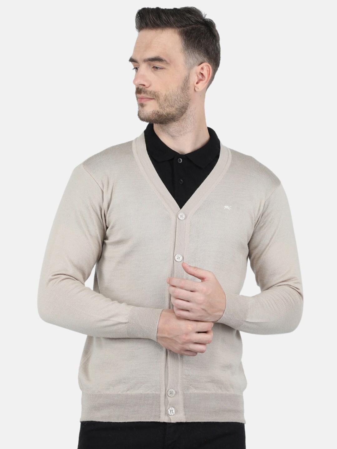 

Monte Carlo Men Beige Solid Pure Wool V Neck Cardigan