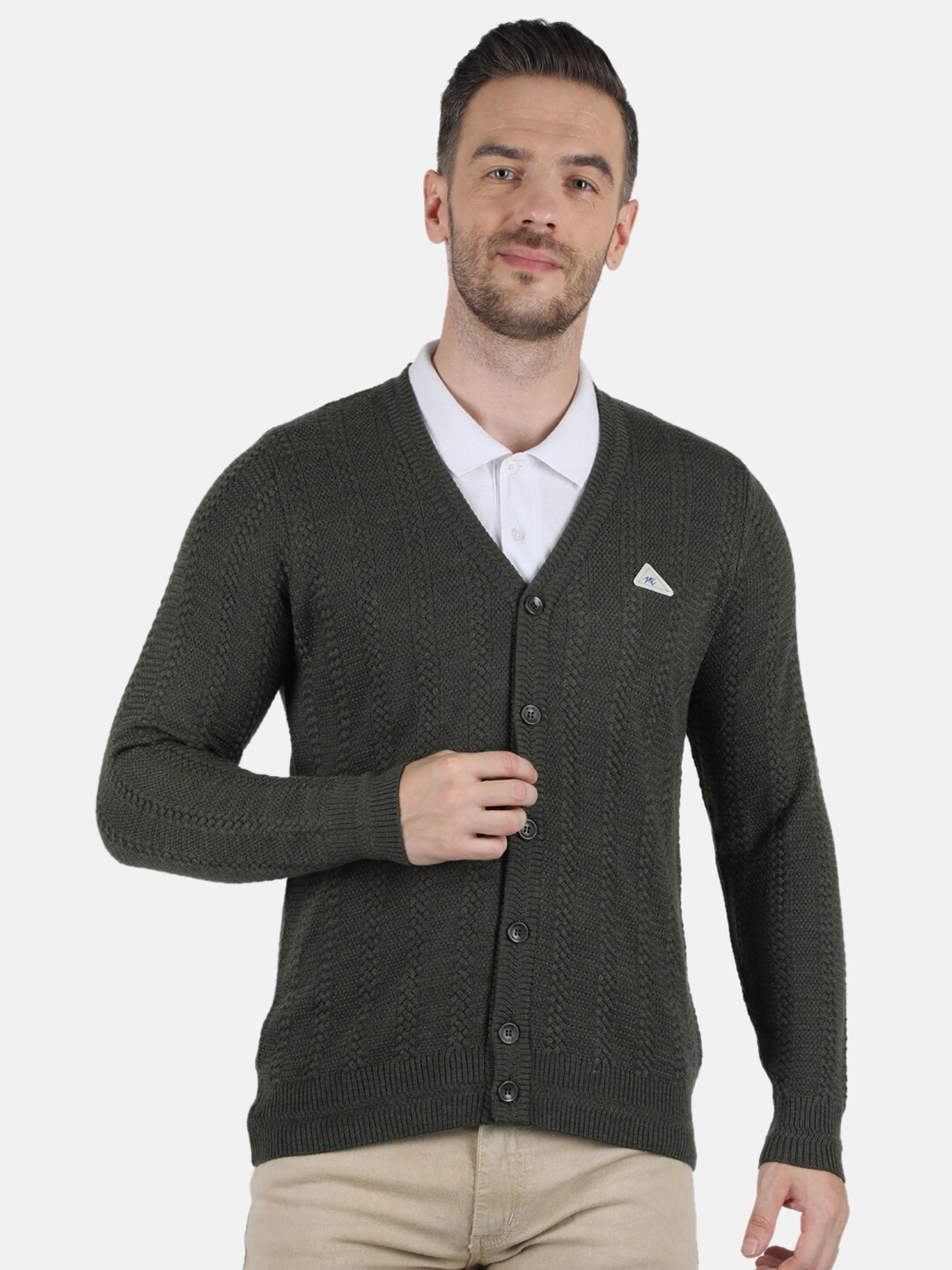 

Monte Carlo Men Olive Green Cable Knit Wool Blend Cardigan