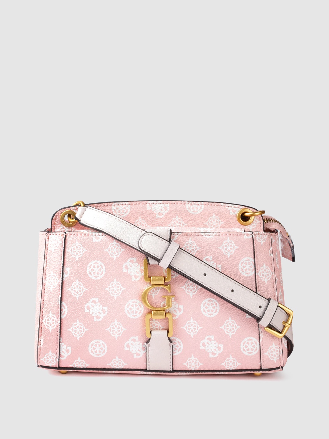 

GUESS Women Pink Brand Logo Printed Structured Sling Bag