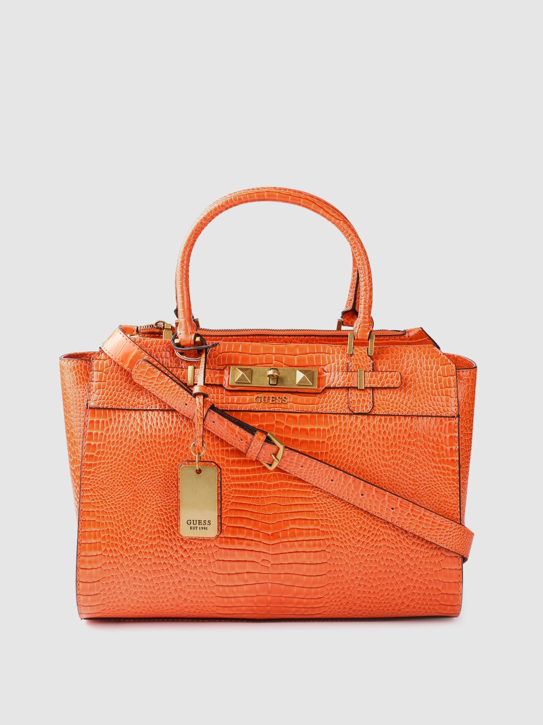 

GUESS Women Orange Snake Skin Textured Structured Handheld Bag