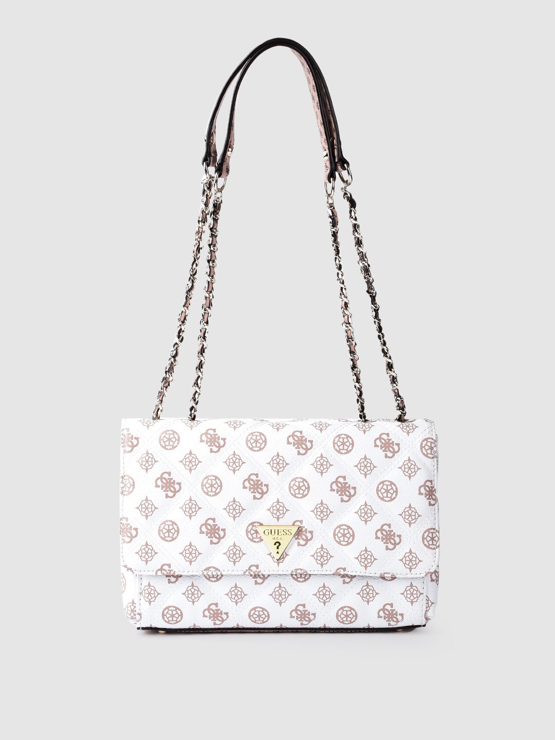 

GUESS Women White & Brown Brand Logo Print Structured Sling Bag