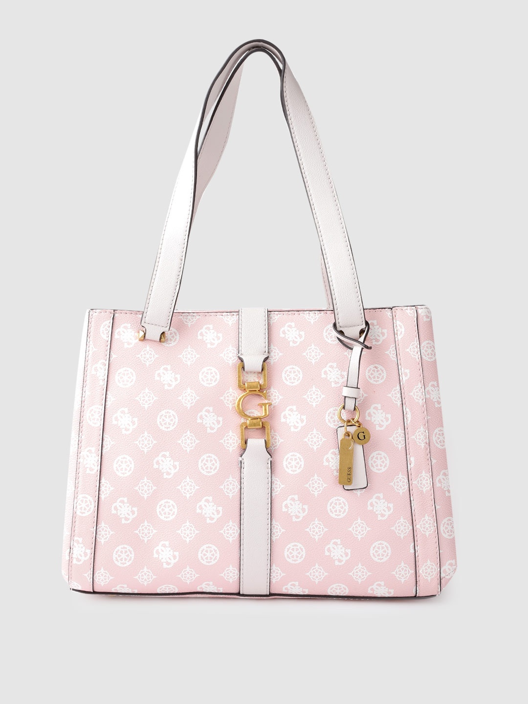 

GUESS Women Pink & White Brand Logo Printed Structured Shoulder Bag