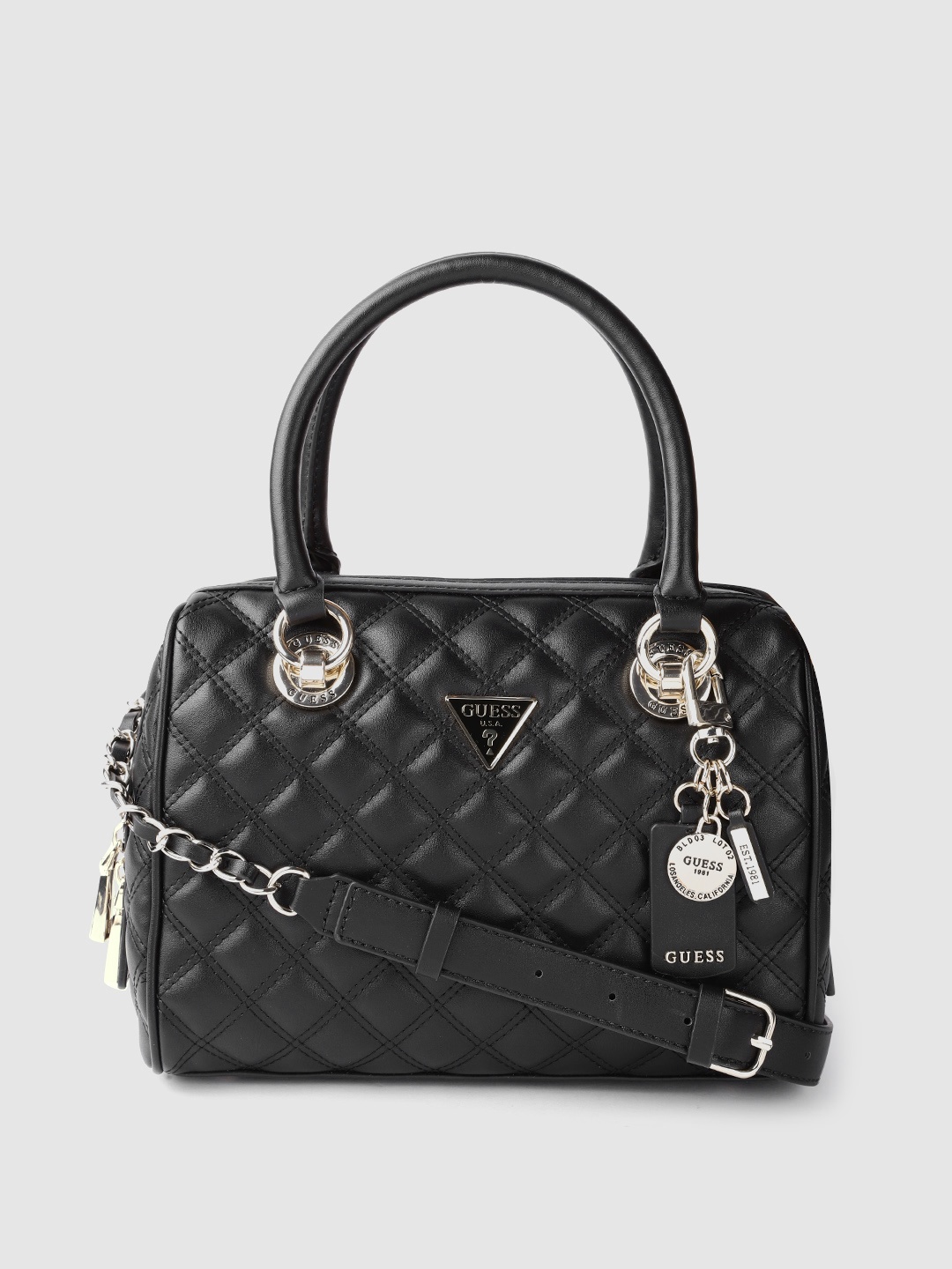 

GUESS Black Solid Quilted Structured Handheld Bag