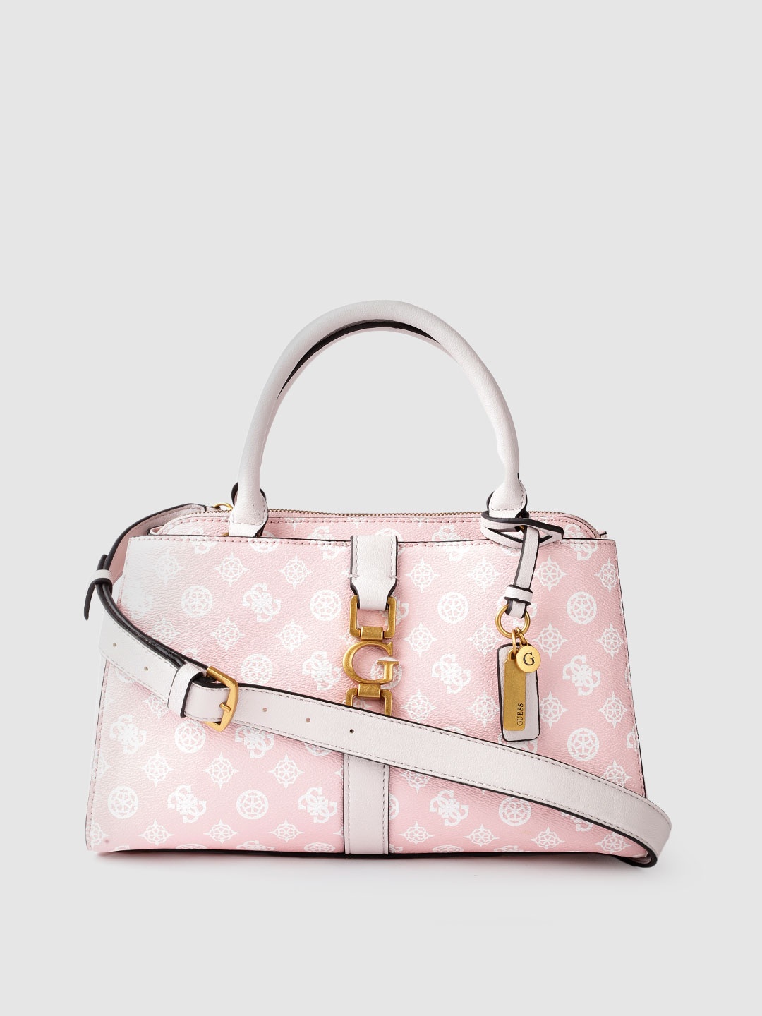 

GUESS Pink & White Ethnic Motifs Printed Handheld Bag with Detachable Sling Strap & Tab
