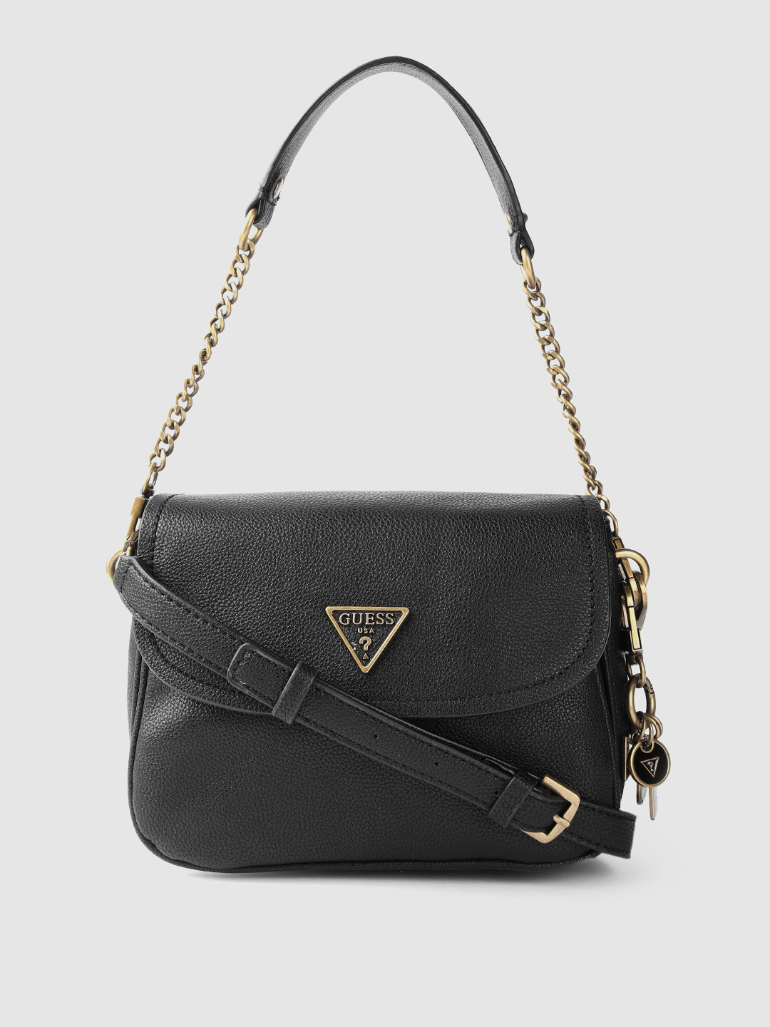 

GUESS Black Solid Structured Shoulder Bag with Detachable Sling Strap & Tab