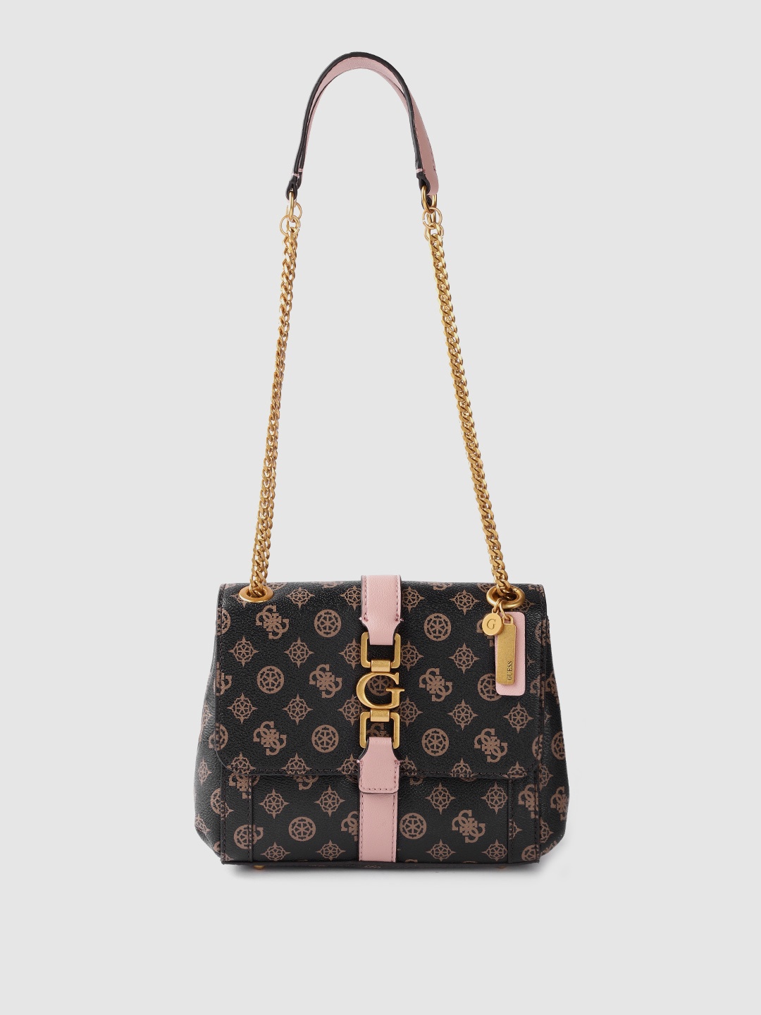 

GUESS Brown Ethnic Motifs Printed Structured Shoulder Bag with Tab & Buckle Detail