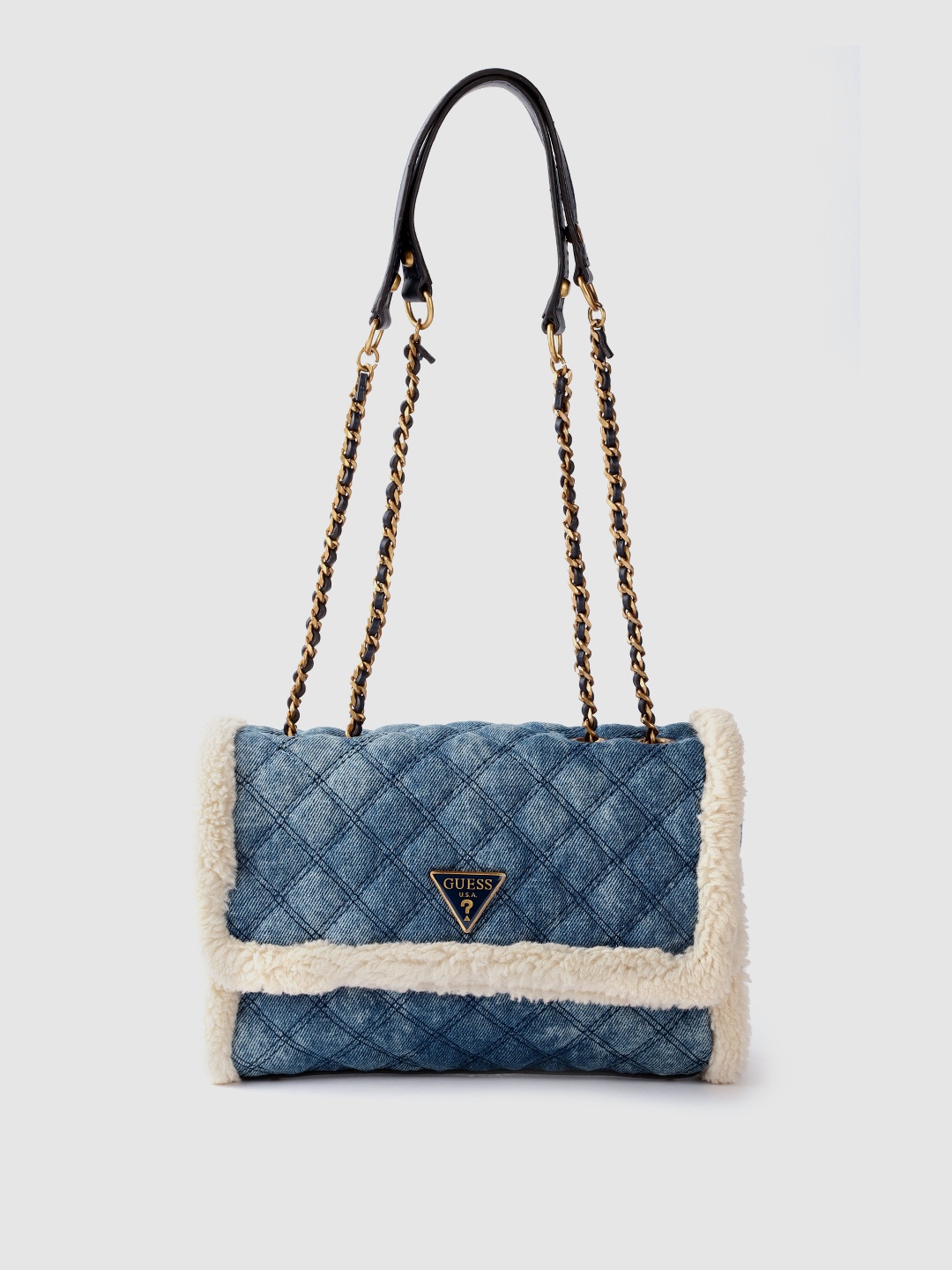 

GUESS Blue & Off-White Washed Quilted Sherpa Cotton Denim Structured Shoulder Bag