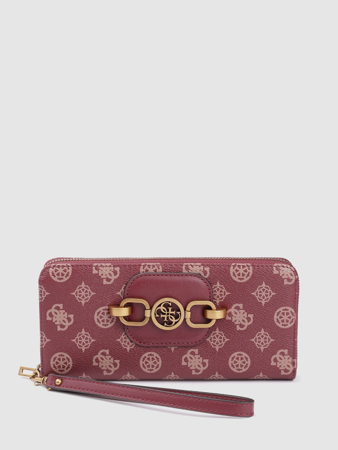 

GUESS Women Burgundy & Beige Printed Hensely Zip Around Wallet